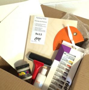 Box of art supplies